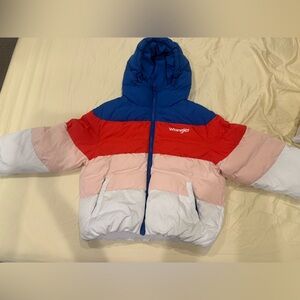 Wrangler Colorblock Puffer Jacket in Blue, Red, Pink, White